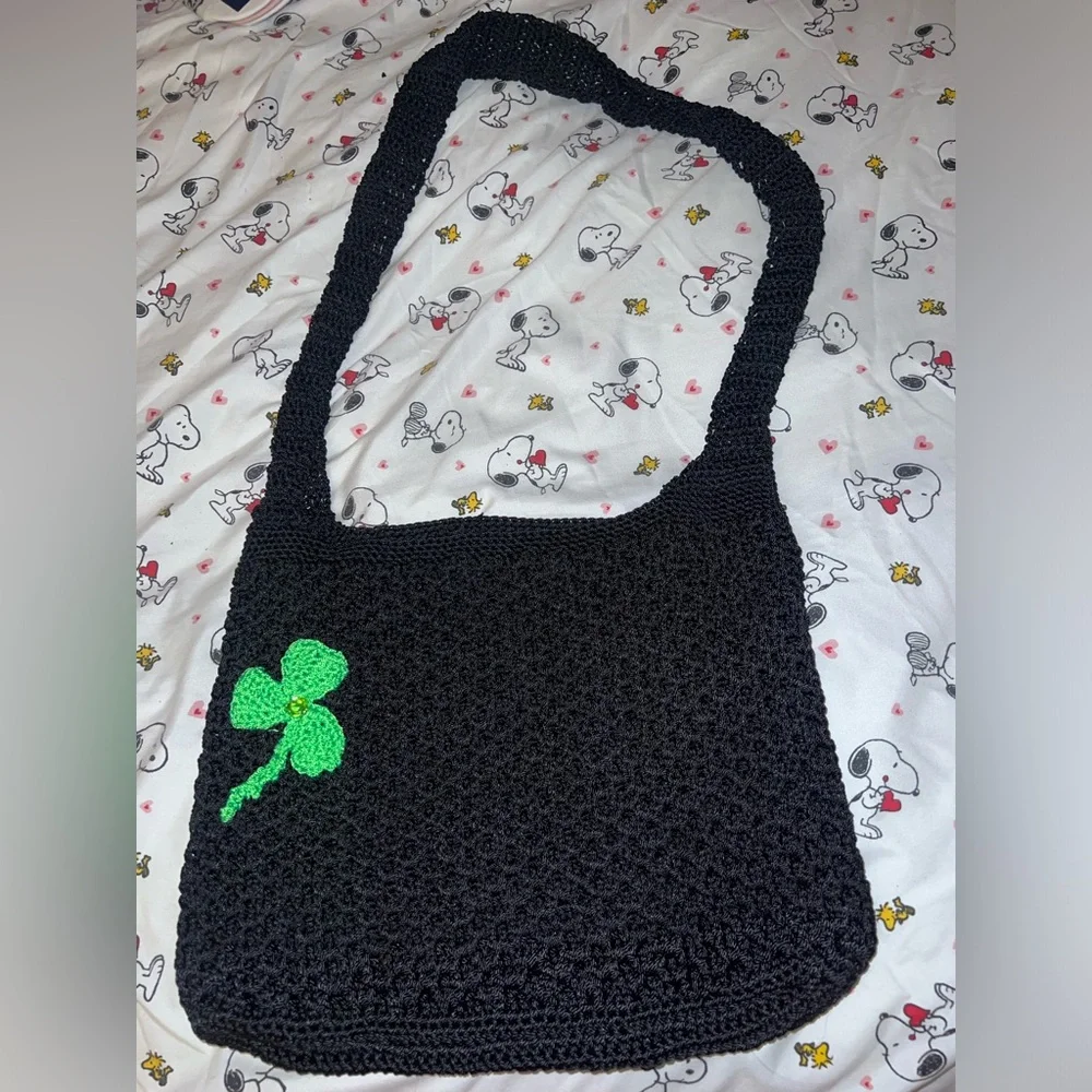 Handmade Black Crochet Bag with Green Clover - Picture 2 of 5